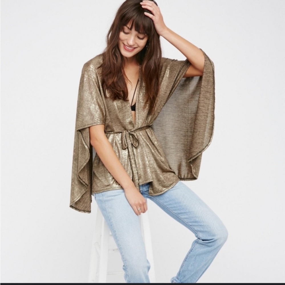 FREE PEOPLE Gold Metallic Kimono Wrap Jacket